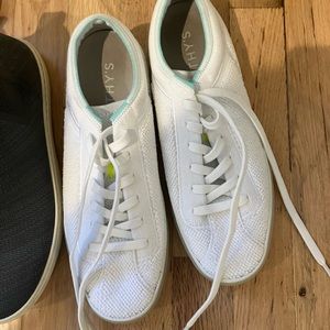 Rothy’s white terry cloth lace-up sneakers